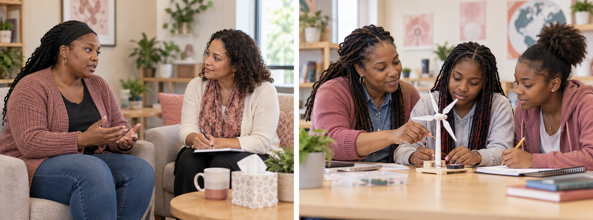 Women connecting and girls learning with a mentor