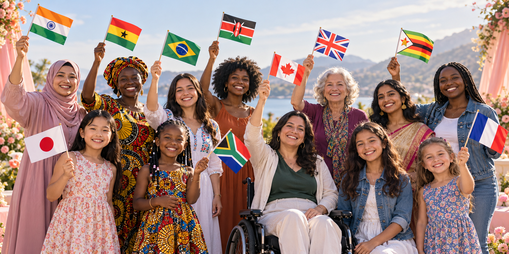 Women and girls from different cultures celebrating together with national flags